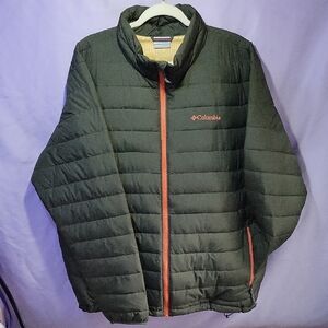 Columbia Men's Dark Green Puffer Jacket with Red Accents